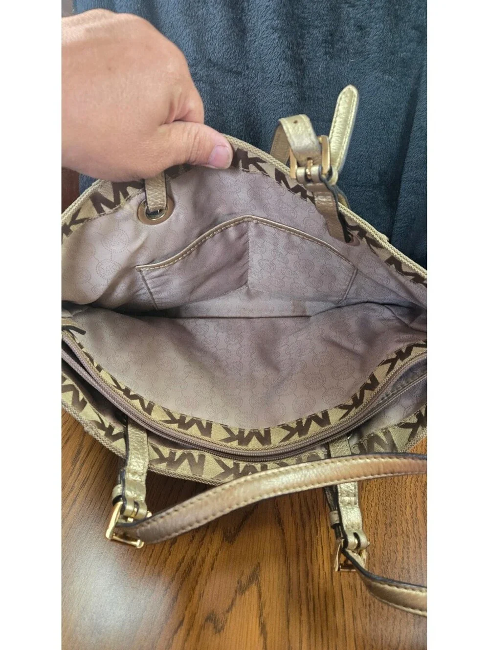 Michael Kors Beige and Brown MK Logo Tote Bag with Gold Handles